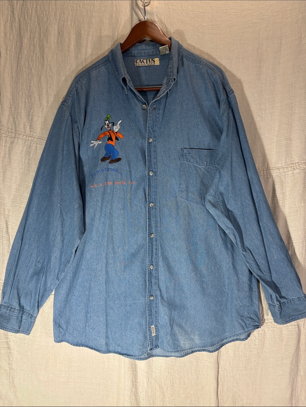 Vintage 90s Disney Goofy Embroidered Denim Button Down Shirt 1XLT Big & Tall - Picture 1 of 9
